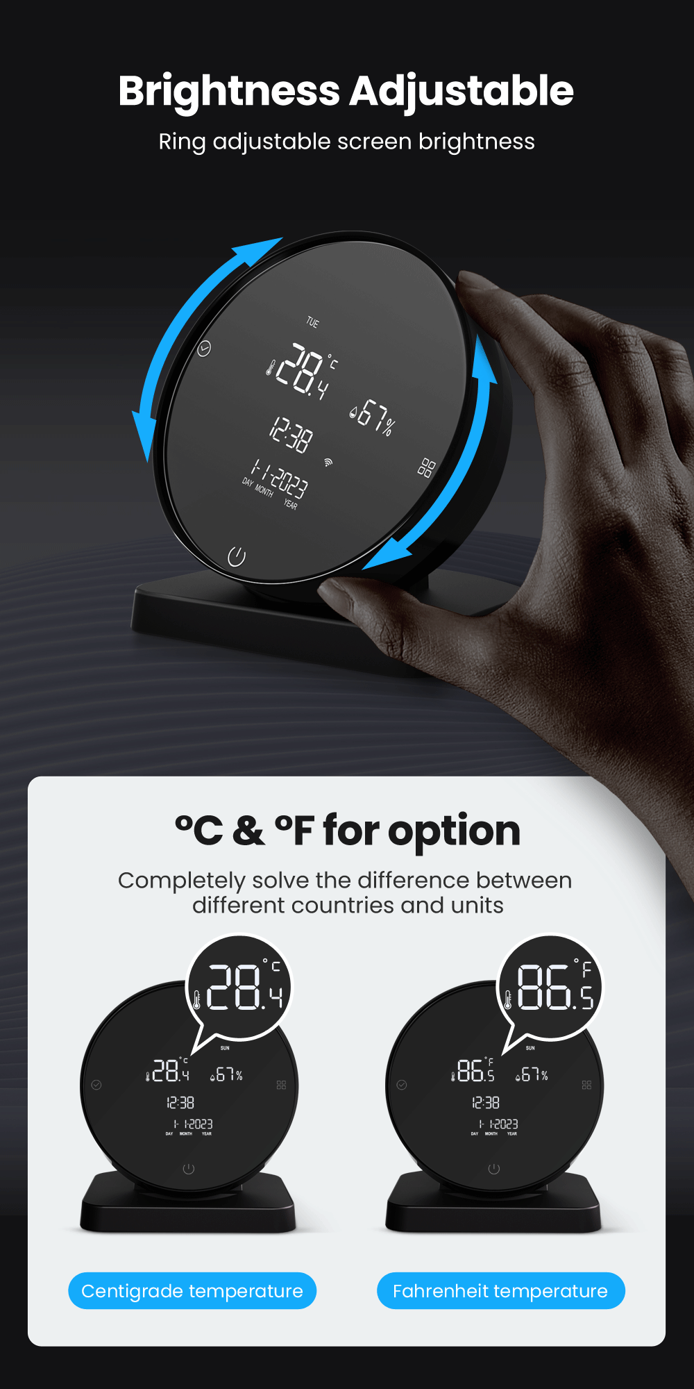 AVATTO smart sensor temperature and humidity calibration display on screen